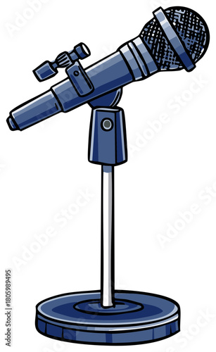 Cartoon illustration of a blue microphone and stand for recording