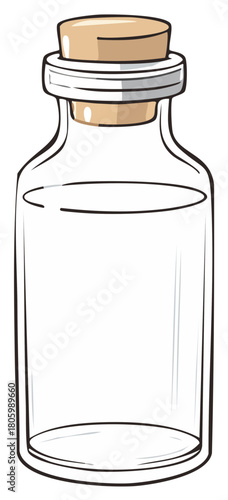 Empty clear glass bottle with natural cork stopper isolated simple illustration
