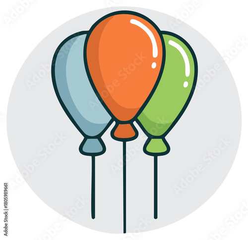 Three colorful balloons float upwards in a celebration scene