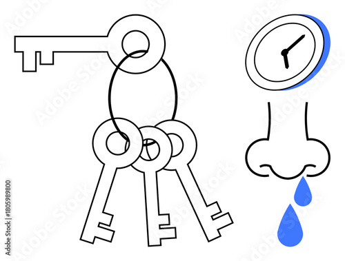 Keyring with keys symbolizing responsibility, clock for time, and a nose with teardrops expressing emotions. Ideal for timekeeping, responsibility, stress, deadlines, emotional expression