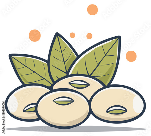 Fresh Soybeans with Green Leaves and Orange Dots Illustration