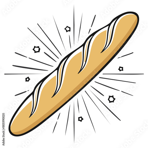 Stylized Baguette with Sunburst Rays and Starbursts, French Loaf Cartoon Illustration