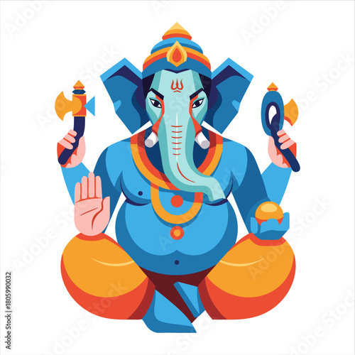 colorful illustration inspired by the cultural figure ganesha, depicted with an elephant head, vibrant ornaments, and symbolic attributes in his hands., color, vector, illustration, cartoon, person.