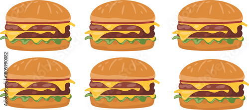 Seamless cartoon cheeseburger pattern featuring beef patties, melted cheese, lettuce, and buns ideal for packaging design, food branding, backgrounds