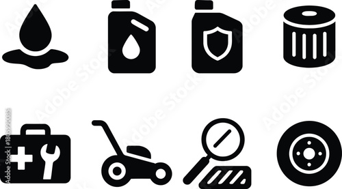 Automotive Maintenance Icon Set – Black Symbols of Oil, Filters, Toolbox, Tire, Lawn Mower, and Inspection Tools for Vehicle Service and Repair Graphics
