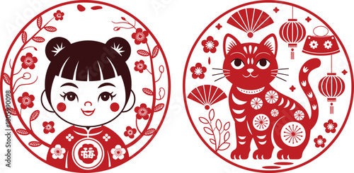 Red Chinese New Year Paper Cut Girl with Bun Hair and Cat with Lanterns Design