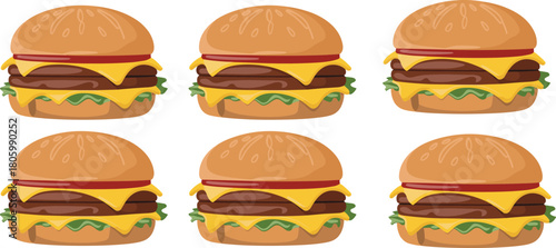 Seamless cartoon cheeseburger pattern featuring double beef patties, melted cheese, lettuce, tomato and buns ideal for food packaging design