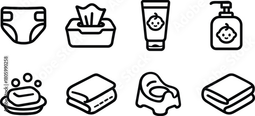 Baby Hygiene Icon Set – Black Line Symbols of Diaper, Wipes, Cream, Soap, Towels, Potty Seat, and Shampoo Bottle for Parenting, Childcare, and Product Design