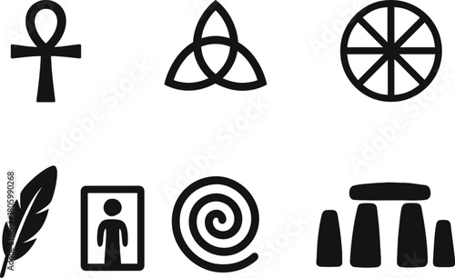 "Spiritual and Cultural Symbol Icon Set – Black Line Art of Ankh, Triquetra, Dharma Wheel, Feather, Spiral, Stonehenge, and Human Figure for Heritage and Belief Projects