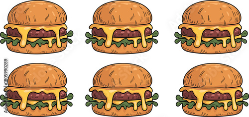 Seamless cartoon cheeseburger pattern with melting cheese, beef patty, lettuce, bun illustration perfect for food packaging, branding, menu backgrounds