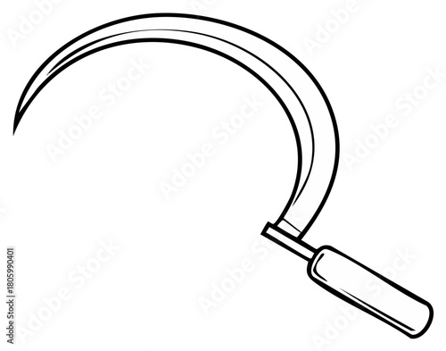 Stylized Drawing of a Metal Sickle with Wooden Handle Agricultural Tool