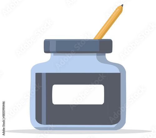 Cartoon illustration of an ink bottle and pencil.