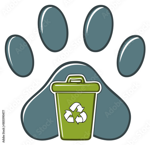 Green recycling bin with recycling symbol inside a stylized paw print outline