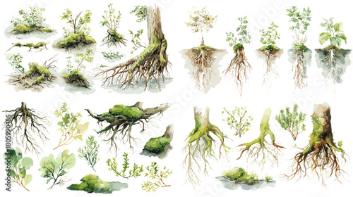 Watercolor illustration set of exposed tree roots, moss covered trunks, young sprouting plants, and earthy forest elements, highlighting organic growth and natural woodland textures.