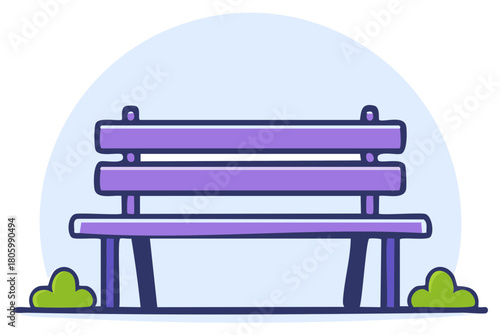 Purple park bench illustration with green bushes and light blue background circle