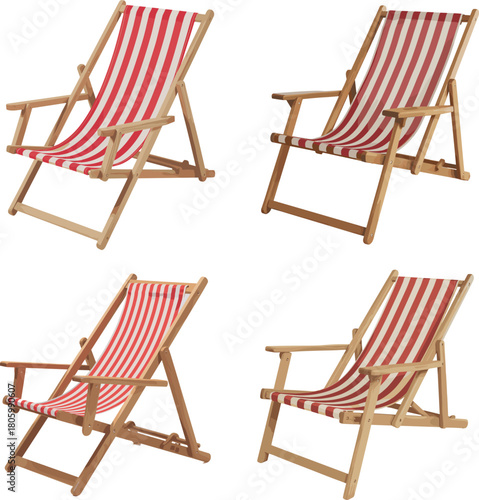 Set of red and white striped wooden deck chairs isolated on white background, summer beach seating furniture collection for outdoor relaxation scenes