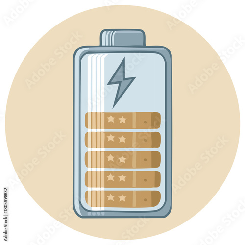 Stylized cartoon battery icon displaying partial power level with lightning bolt and star ratings for energy concept