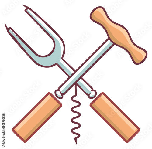 Cartoon illustration of a wine corkscrew and meat fork crossed in a classic emblem style for a restaurant logo