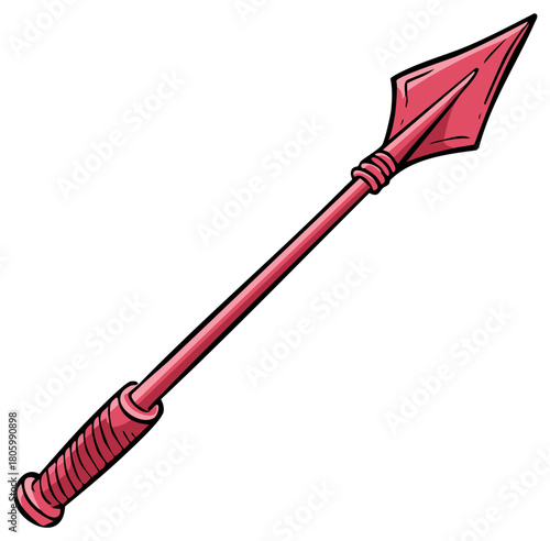 Red cartoon spear with sharp point and textured grip for hunting or combat