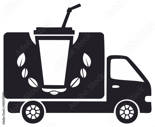 Coffee delivery truck icon with large beverage cup straw coffee beans and natural leaves graphic design
