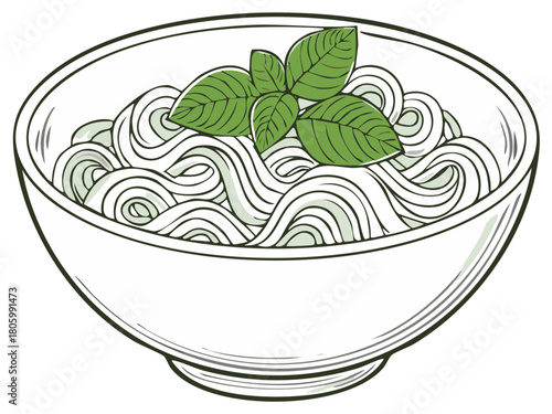 Hand drawn illustration of a bowl of noodles with fresh basil garnish