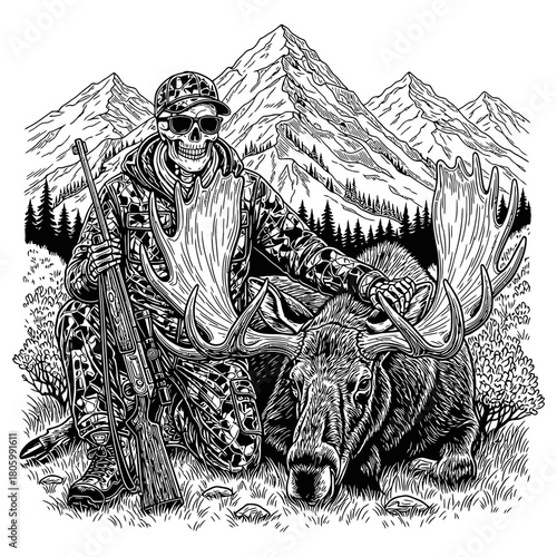 Monochrome illustration of skeleton hunter with rifle posing proudly with a huge hunted moose in forest