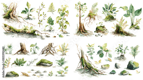 Watercolor collection of forest plants, roots, moss, leaves, and small natural elements, featuring botanical textures and woodland growth details on a clean white background.