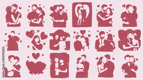 Romantic Couple Silhouettes Seamless Pattern of Lovers Embracing and Kissing with Hearts