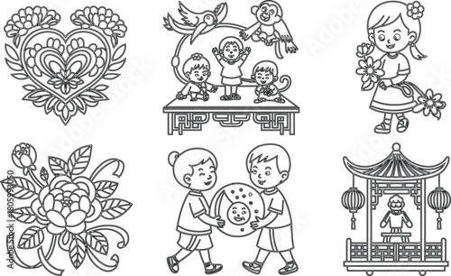 Six Black and White Cartoon Illustrations Flowers, Children, Mooncake, Temple, Coloring Page
