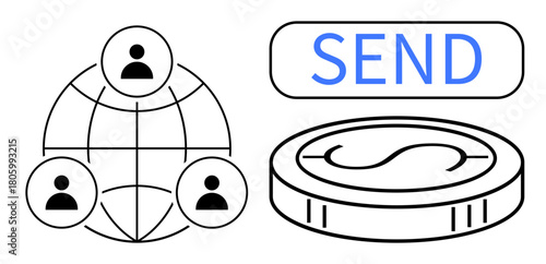 Globe with connected profiles, cryptocurrency coin, and send button highlighting digital connectivity. Ideal for finance, money transfer, global payments, e-commerce, blockchain, technology simple