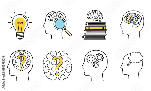Mind and brain concepts: ideas, learning, thinking, confusion, problem solving, knowledge.