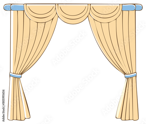 Cartoon illustration of classic beige drapes with a swag valance and blue tie backs