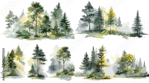 Watercolor forest landscape with pine trees, soft mist, sunlight, and gentle natural tones, creating calm woodland scenery and atmospheric outdoor nature compositions.