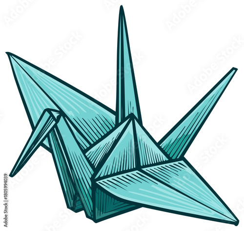 Classic Japanese origami crane made from teal paper in a graphic illustration style