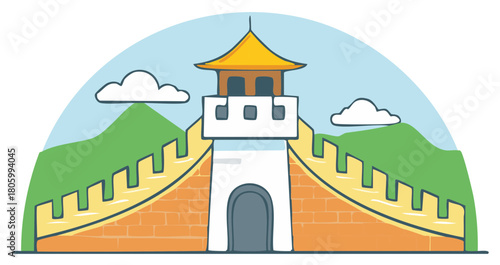 Doodle style ancient Asian fortified wall with watchtower and entrance gate in mountain landscape.