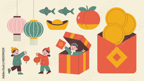 Vibrant Chinese New Year Illustration Children, Lanterns, Gold Coins, and Festive Elements