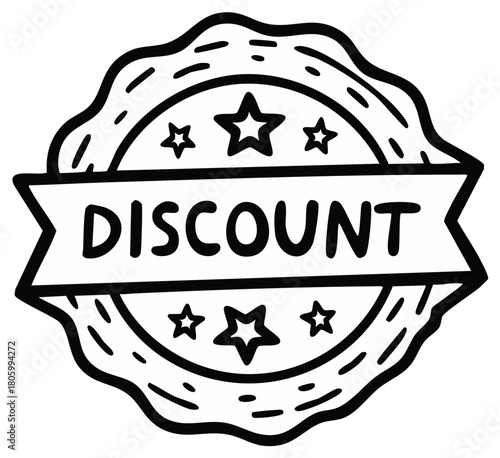 Hand drawn discount badge with stars and ribbon doodle style black and white illustration
