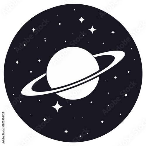 Stylized Saturn like planet with orbital rings and sparkling stars in deep cosmic night sky