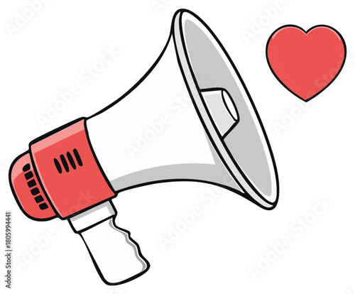 Cartoon megaphone shouting a red heart, a concept of spreading a positive message of love