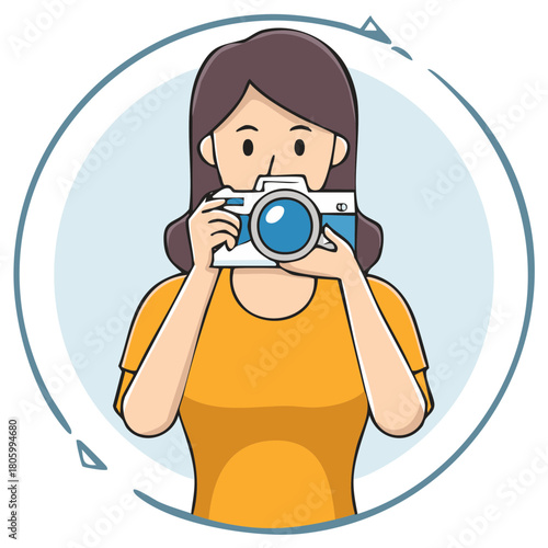 Cartoon style woman taking photo with camera inside circle composition artistic cheerful hobby photography occupation graphic