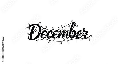 Elegant script lettering of the word december intertwined with glowing christmas lights
