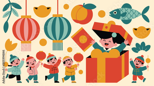 Whimsical Lunar New Year Celebration Illustration with Children, Lanterns, and Gift Box Design
