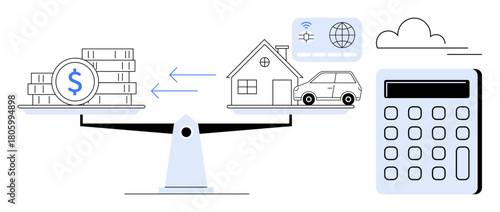 Scales balancing coins with assets thumbs up house, car, and digital connectivity, accompanied by a calculator. Ideal for finance, investment, budgeting, valuation, asset management decision-making