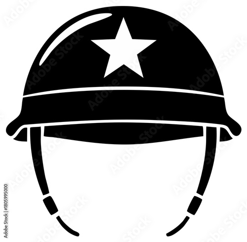 Iconic military helmet vector graphic with white star symbol and chin strap silhouette army head protection