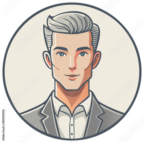 Stylish Cartoon Portrait of Young Man in Suit with Gray Hair Business Professional Figure