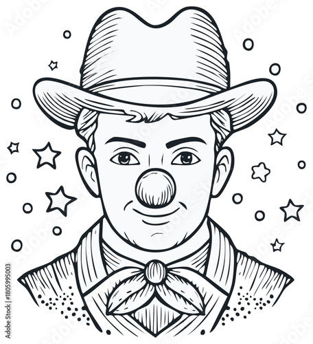Line art of a clown wearing a hat and a bow tie surrounded by stars and circles