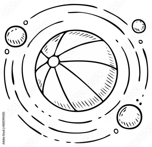 Hand drawn doodle of a celestial beach ball in orbit with planets and moons in a cosmic space