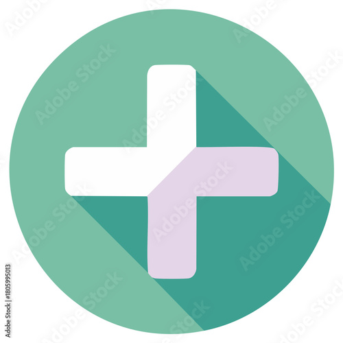 Green circle with a white and purple plus symbol and long shadow graphic illustration