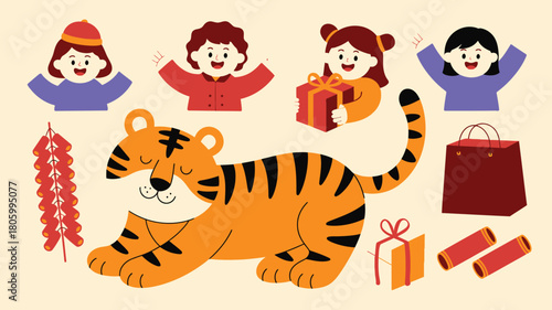 Year of the Tiger Cartoon Tiger, Children, Gifts, and Firecrackers Illustration