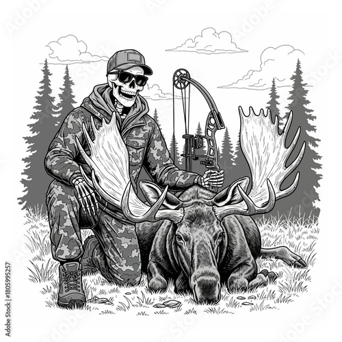 Monochrome drawing of a skeleton bow hunter with sunglasses posing with a huge harvested moose